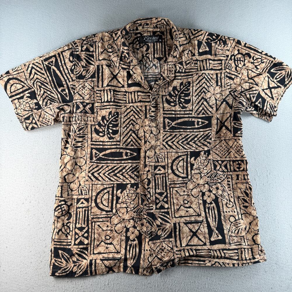 Favant Hawaiian Aloha Shirt Mens XL Brown Black 100% Cotton Tiki Tropical